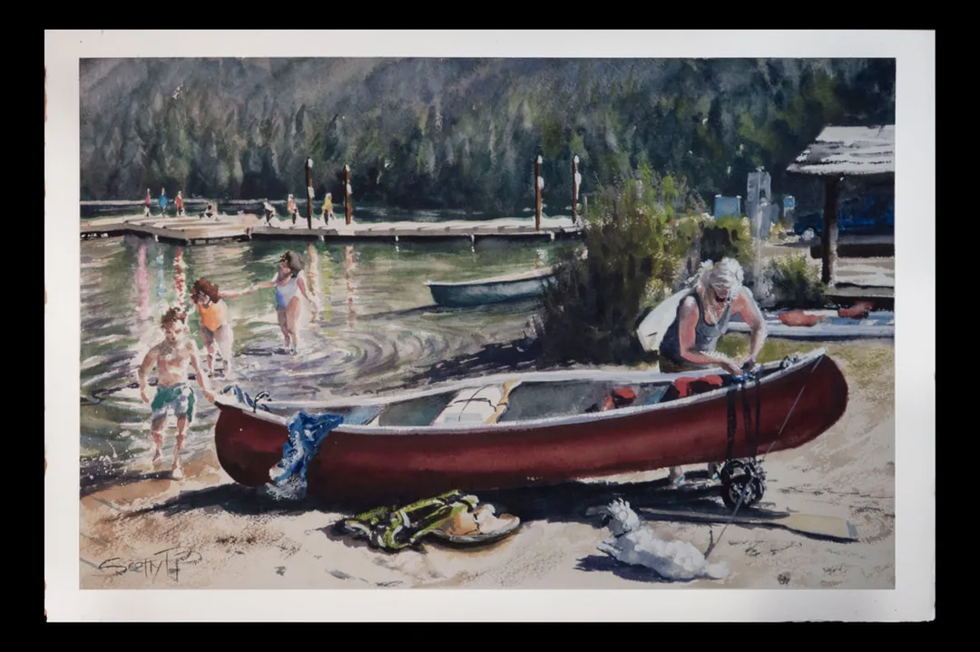  A watercolour painting showing a blonde woman preparing a red canoe at the Shoreline of Buntzen Lake in North Vancouver, BC. A small white dog sits on the beach, children are playing in the water, distant trees in the background.