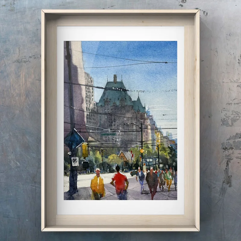 A digitally framed original watercolour painting depicting the Fairmount hotel in downtown Vancouver with a blue sky and crowds of colourful people. Power lines criss cross the street.