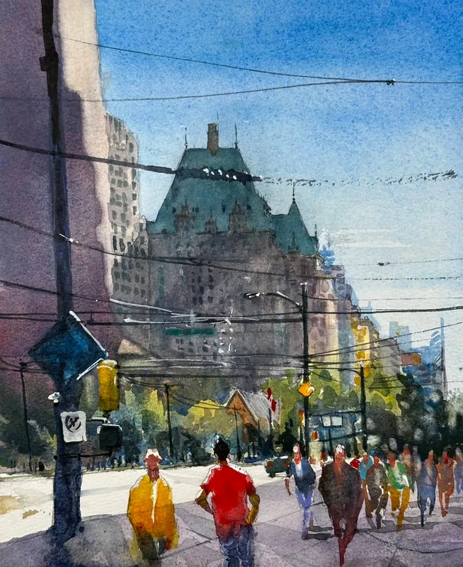 A watercolour painting depicting the Fairmount hotel in downtown Vancouver with a blue sky and crowds of colourful people. Power lines criss cross the street.