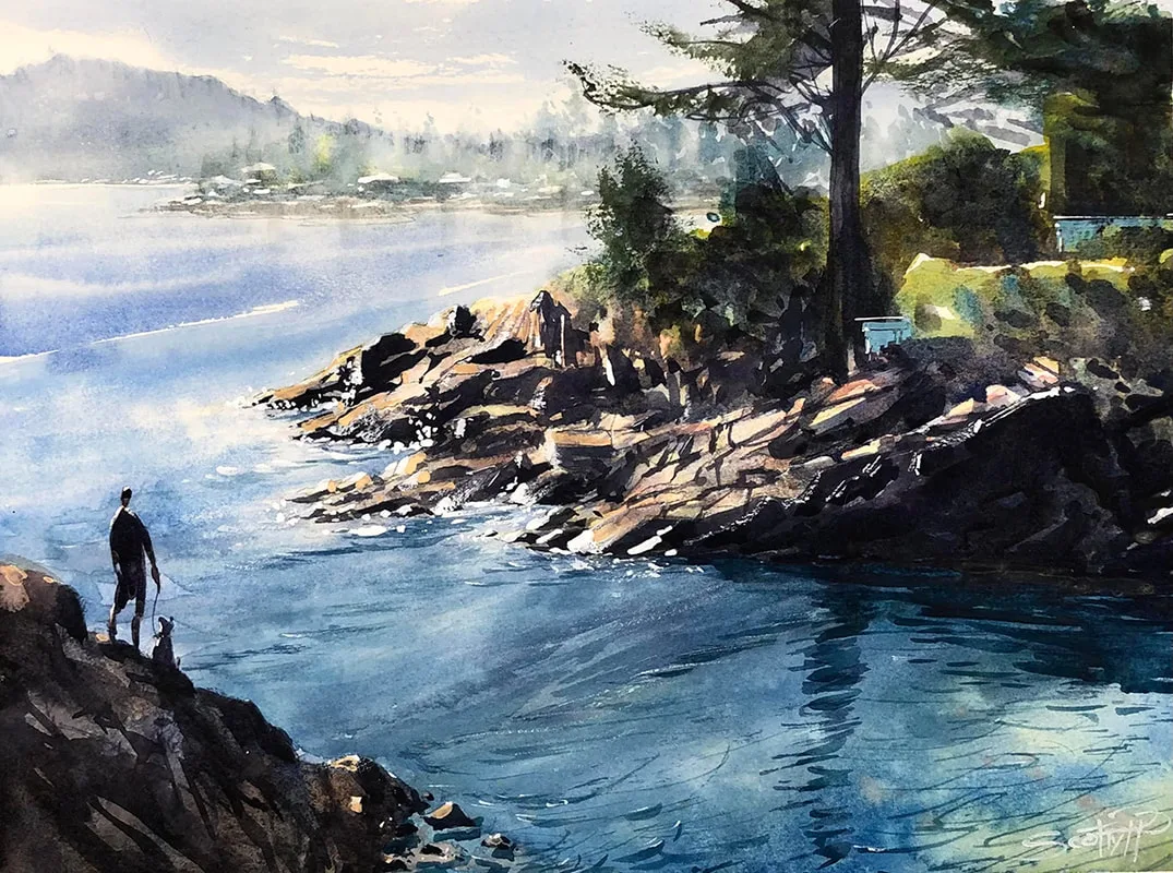 man and dog standing on rocks looking at blue water and distant trees, west vancouver