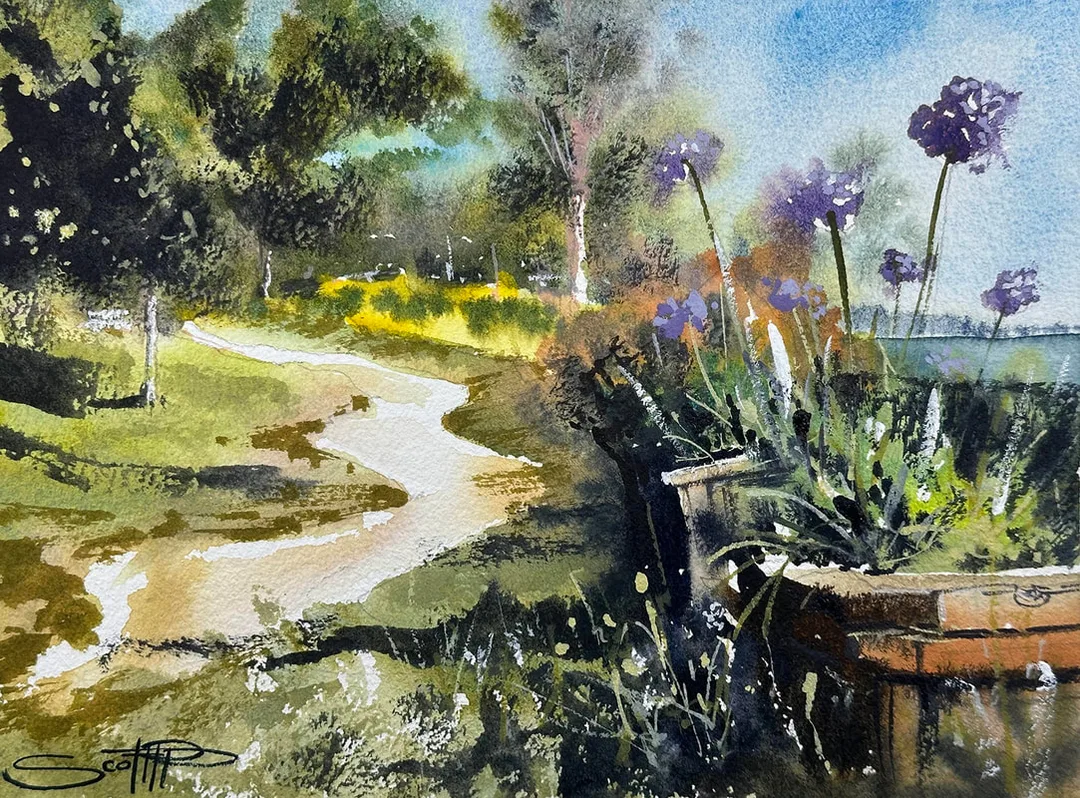 A watercolour painting showing purple Allium flowers in a planter box in a park with a winding path and tress in the background. Blue sky and distant water can be seen. 