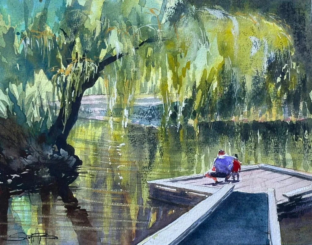 A watercolour painting showing a figure crouching next to a small boy with his arm around him, the father wears a purple shirt and the boy has a red shirt, standing on a pontoon on a duck pond in Granville Island, a myriad of greens make up the weeping willows and water reflections.