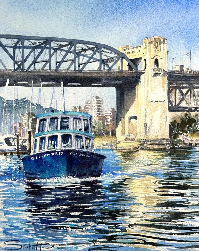 A watercolour painting of a blue water taxi coing towards the viewer, with shimmering blue water and the Burrd bridge glowing in the afternoon sun, skyscraper building and north shore mountains in the background by artist scott pleydell-pearce