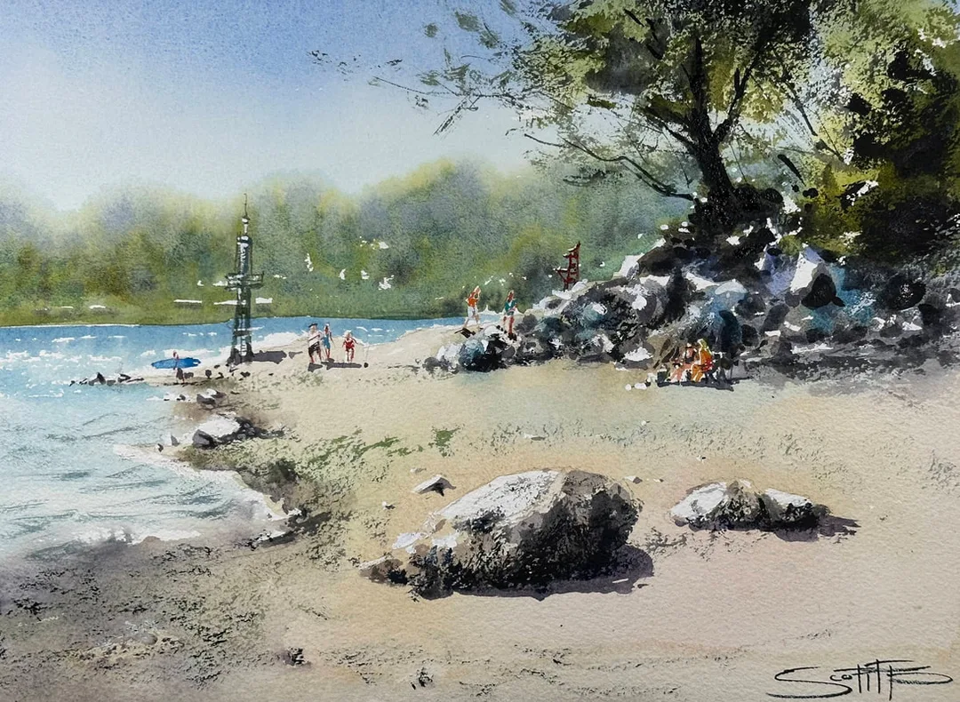 A watercolour painting of a beach scene in sumemrtime, with people sat chatting in beach chairs, walkers on the sand and a figure carrying a blue paddleboard entering the water. Large rocks are on the beach in the forground and a large tree offers some shade. Soft focus trees are in the background. Cates Park North Vancouver