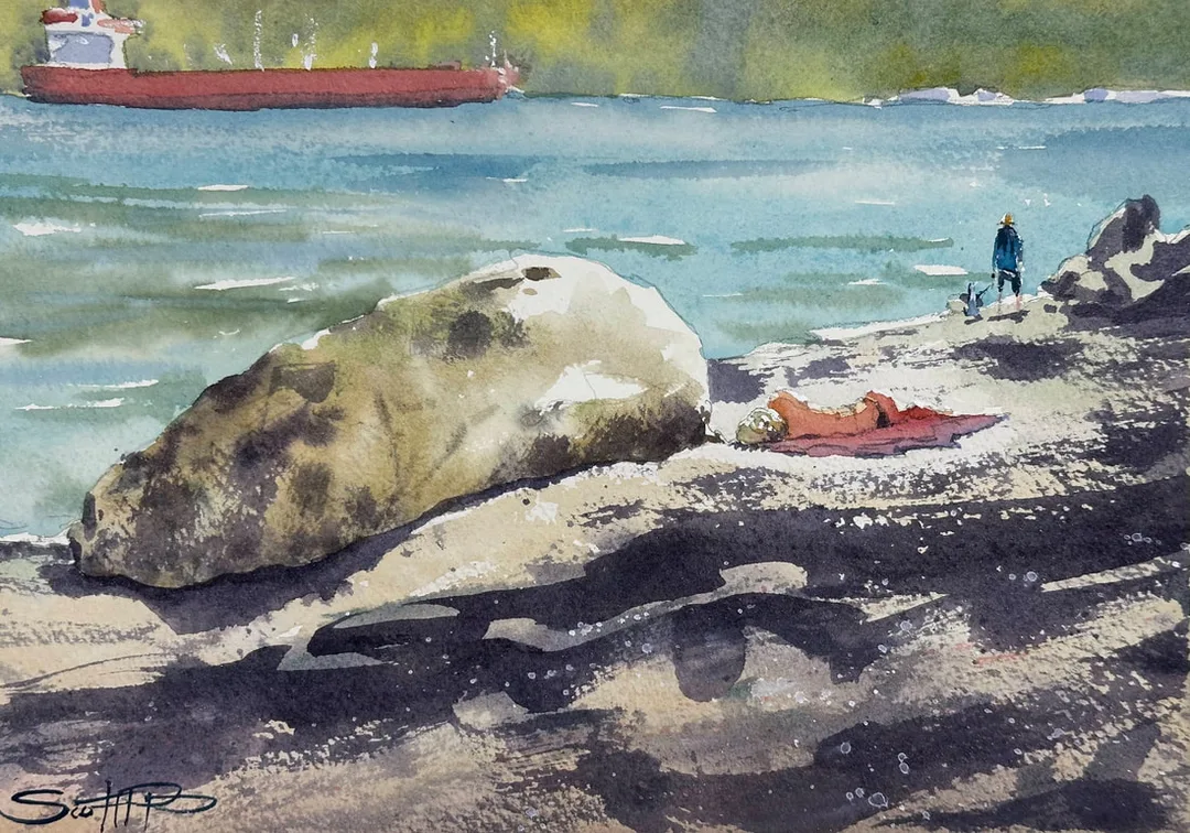 A watercolour painting of a lady reclining on a towel on the beach next to a large boulder, almost white sand and blue water, dappled shadows on the sand, a red tanker sits in the distance next to a soft focus tree lined shore. A lone figure walks their dog turning the corner of the beach.