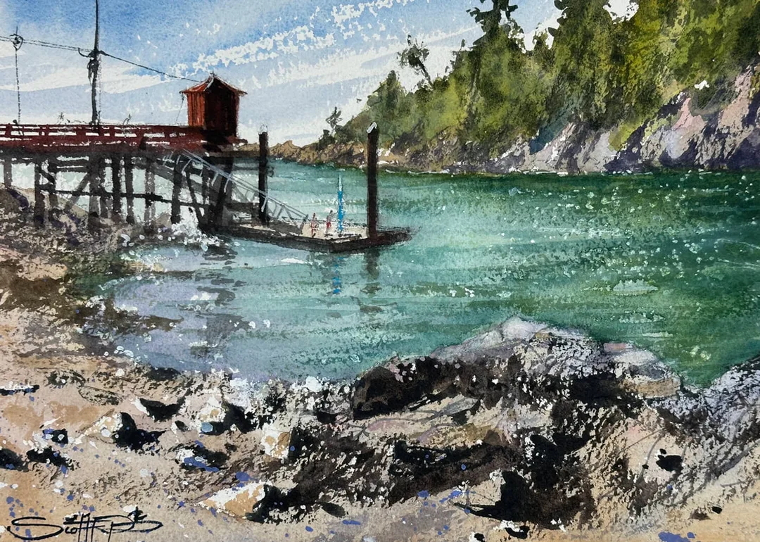 A watercolour painting by local artist Scott Pleydell-Pearce of Lower Caulfield park in West Vancouver, BC. lush green hill of pine trees over a turquoise green cove of shimmering water, a rocky shore line and a red pier, two figures get ready to go paddleboarding on a blue board.