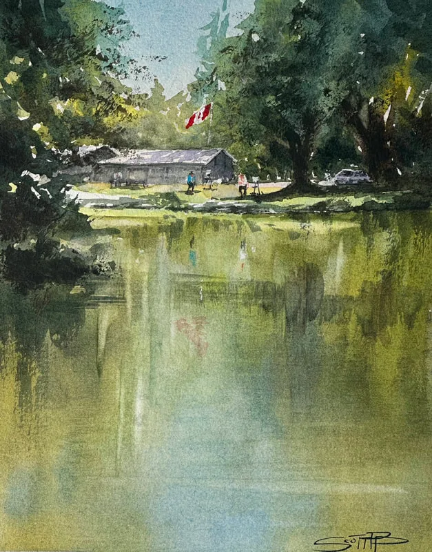 A watercolour painting by local artist Scott Pleydell-Pearce of the Lower Duck Pond at Central park in Burnaby, BC. The trees, sky and hut have soft reflections in the water below.