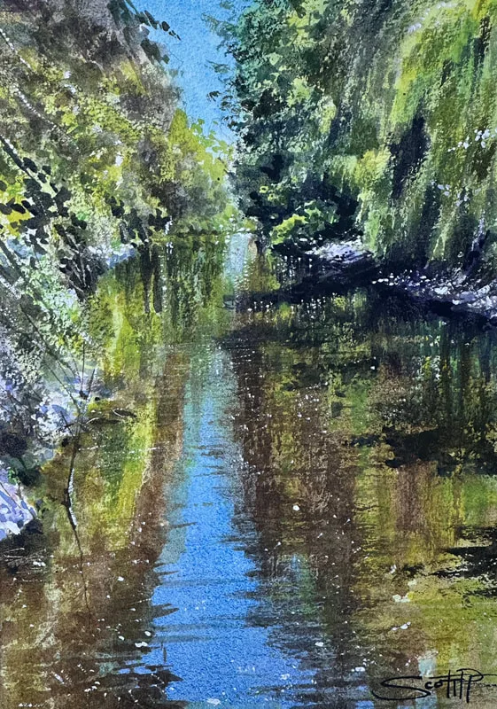 A watercolour painting by local artist Scott Pleydell-Pearce, of a bright blue sky and green trees reflecting in the water of Chilcotin Slough in Ladner village, BC.