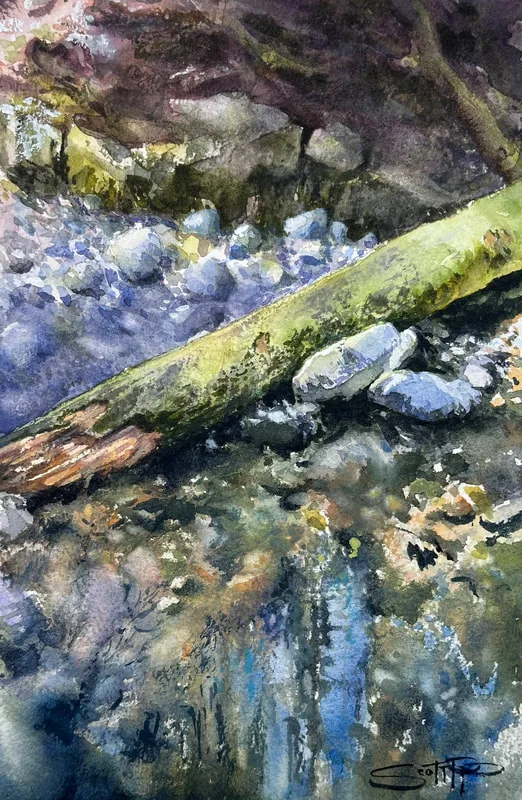 A watercolour painting showing a bright green moss covered fallen tree lying across a creek in Cypress falls, Vancouver, BC. Lavendar blue boulders contrast against the red brown of the earthy embankment and below in the creek water a spalsh of sky blue reflected from above, multi coloured orange rocks lie just beath the trickling creek water.