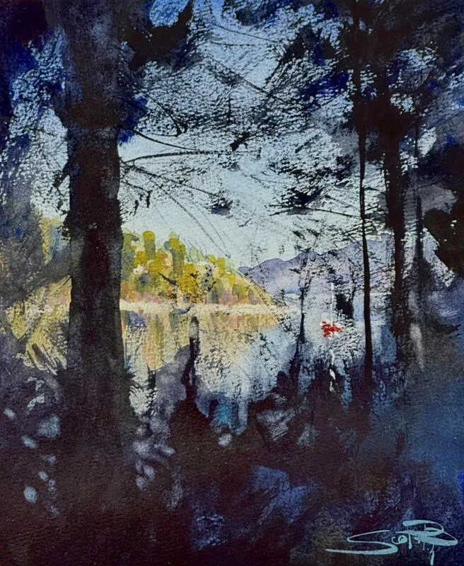 A watercolour painting of deep Cove in north Vancouver showing foreground trees silhouetted by strong sunlight distant trees and mountains in the background
