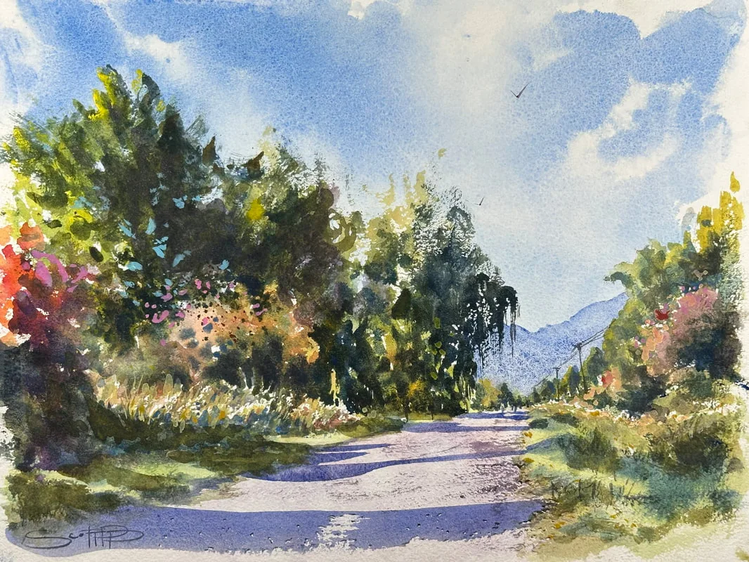 A watercolour painting of the west dyke trail looking north towards the vancouver mountains, blue summery sky, fall colours on the trees, long purple shadows fall upon the path
