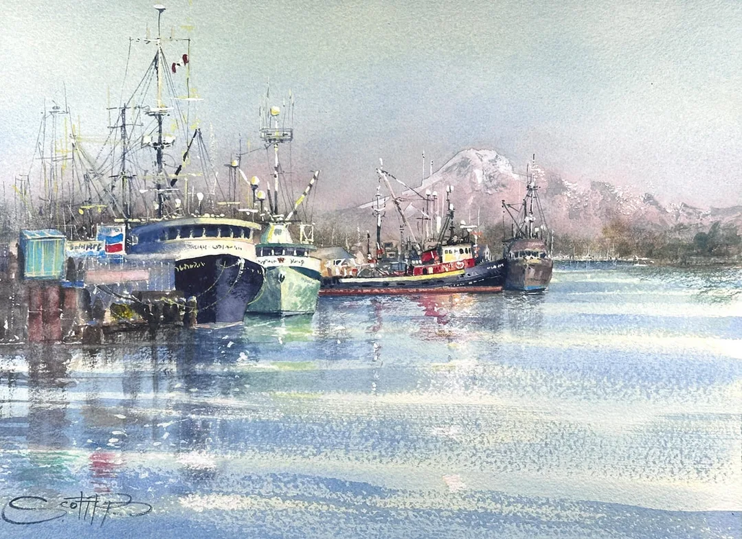 A watercolour painting showing fishing trawlers lined up at the gas pump in the steveston harbour, an evening warm glow turns whites intoo pinks and oranges, Mt Baker can be seen in the distance. Glassy water reflections make the sea look icy and cold yet beautiful.