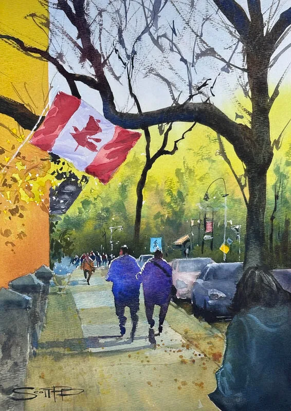 A watercolur painting of a street scene with typical fall colours in Fort langley, BC, Canada. Bright colours including orange, red, violet, yellow and green. The Canadian flag and two figures in the middle are very prominent. Cars line the street, distant figures on the sidewalk and vague hins of street signs and canopies are in the background. All painted in an impressionist fashion.