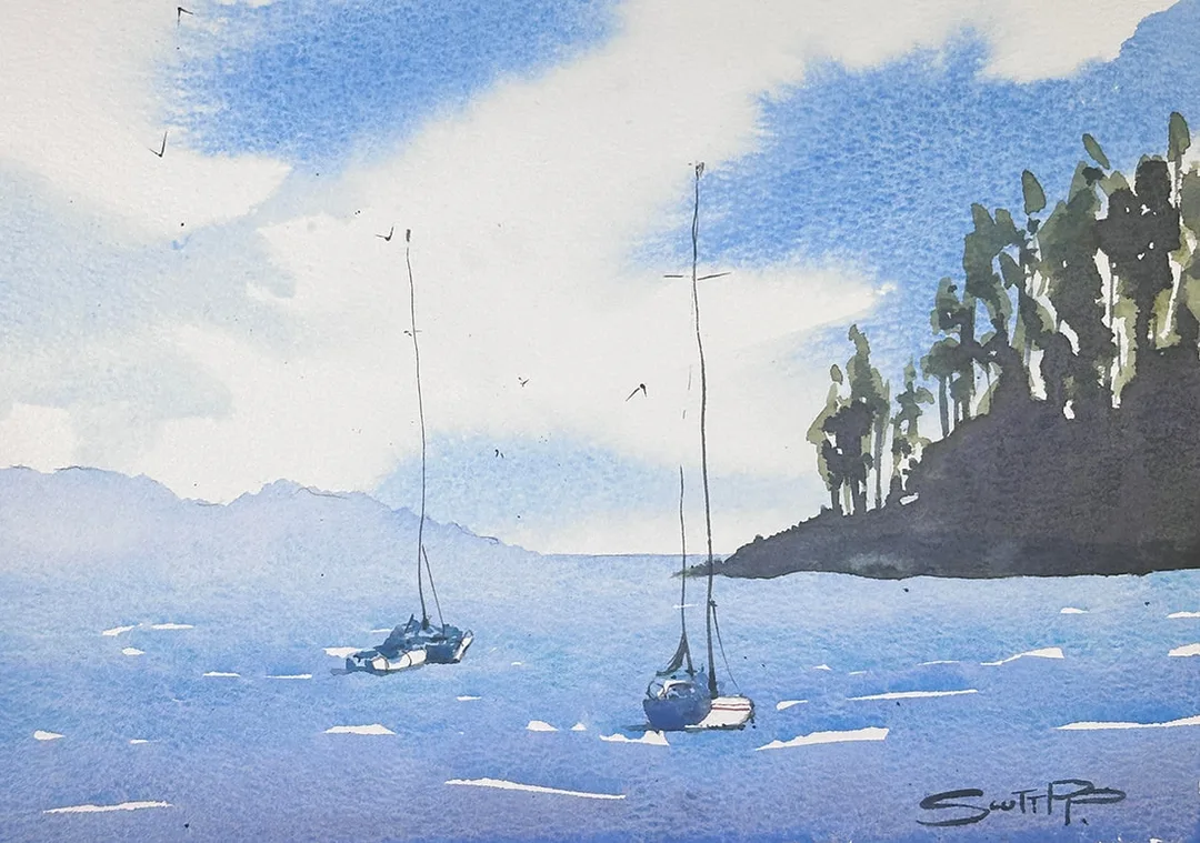 A watercolour painting of 2 sailing boats heading out to sea, blue skies with wispy white clouds, a distant headland shrouded in mist, blues and violet colours can be seen in the water, on the right hand side is a spit of tree lined land silhoutted by the sun, the boats long thin masts are wobbly as if they are shimmering in the heat.