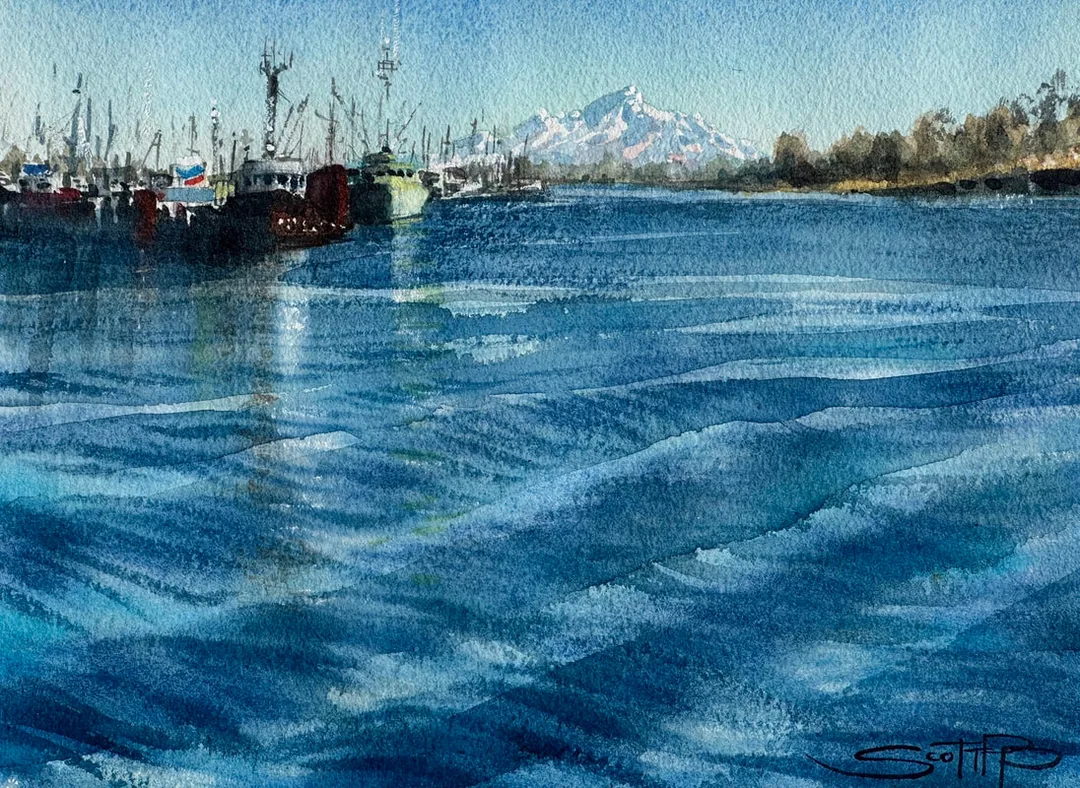 A watercolour painting of blue ocean water swell lines coming into steveston harbour with mount baker in the distance. Fishing boats and a chevron fuel sign await the swell.