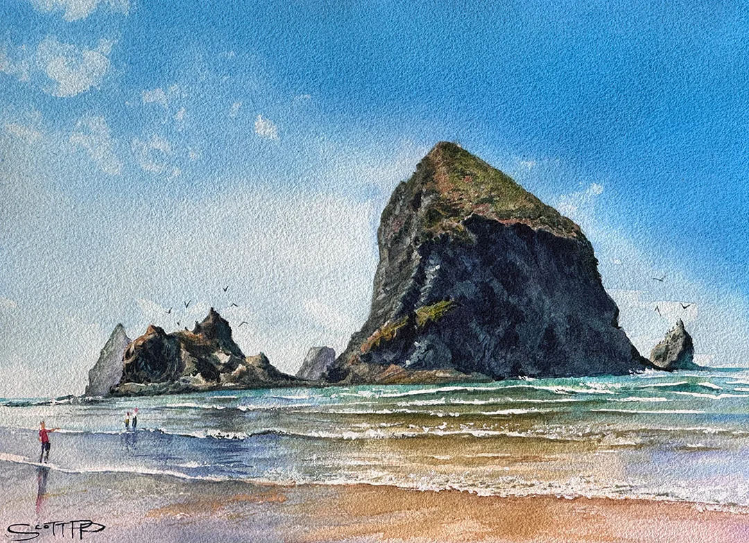 A watercolour painting by artist Scott Pleydell-Pearce of Haystack rock at Cannon beach in Oregon, California. Three figures are wading in the shallow water, the bright blue sky refects in the ocean along with the rock colours. A very bold and colourful painting.