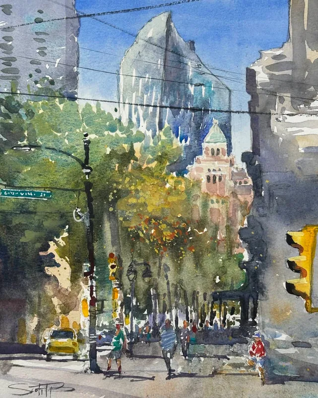 A watercolour painting of a busy downtown Vancouver street scene, with tall buildings, trees, people and yellow taxis all under a blue sky.
