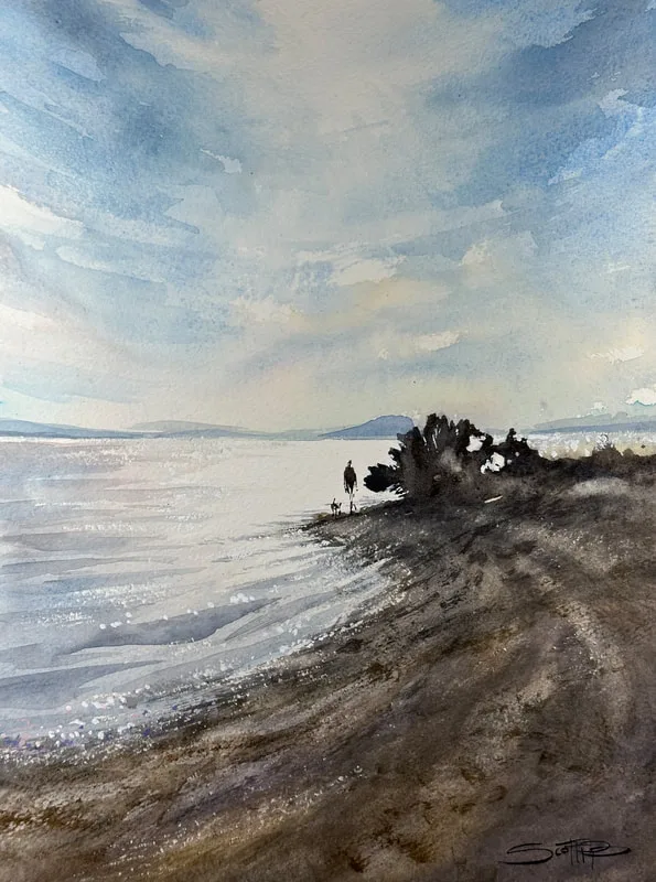 A watercolour painting showing a figure and dog walking along the shoreline of a beach with a blue sky and reflections on the water.