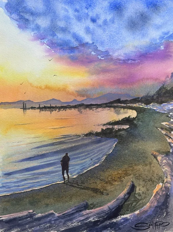 A watercolour painting showing a person stood at the shoreline on a Garry Point Park beach at sunset. The clouds split the sky diagonally into blues and purples and oranges and are all reflected in the water, Driftwood logs reflect in warm oranges and cool lavender tones.