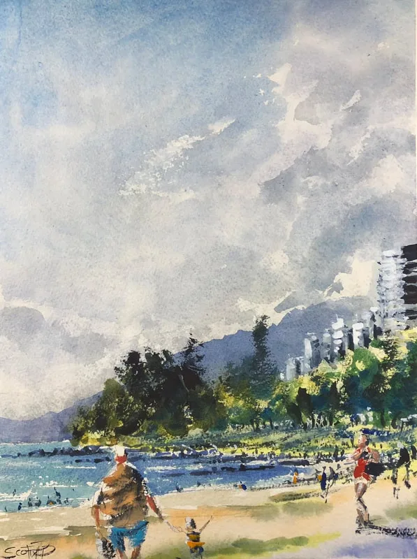 Big summer skies above Vancouvers English Bay, Mountains, Tress, tall condos, beach and ocean. Swarms of people. In the foreground a grandfather and his granddaughter.