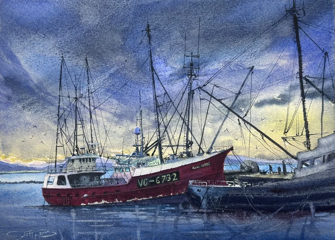 a watercolour painting showing  fishing trawlers in Steveston harbour against a moody dark shy with the days first light breaking through behind the mountains.