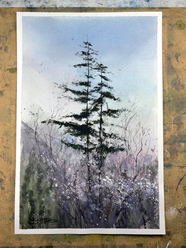 A watercolour painting by Vancouver artist Scott Pleydell-Pearce of two jack Pines emerging from apple blossoms with a vague suggestion of a house on the left. A light blue sky with a few birds is behind.