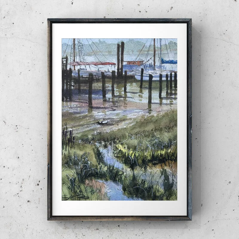 A watercolour painting by artist Scott Pleydell-Pearce of a landscape scene along the fraser river, Britannia shipyards, in Steveston, BC, Canada, the tide is dropping and the mud flats are exposed along with the grasses. two semi-obscured boats are at the top of the painting, in the background you can see the distant bank of shore and trees of shady island. Blues and greens with some subtle areas of red.