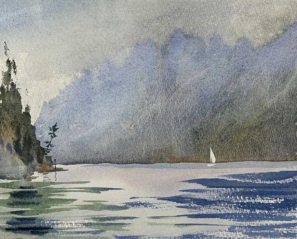A watercolour painting of Horseshoe bay in West Vancouver on a misty day, soft greys and muted purples, a simple white sailboat coming on the water, painted in an impressionistic style. 