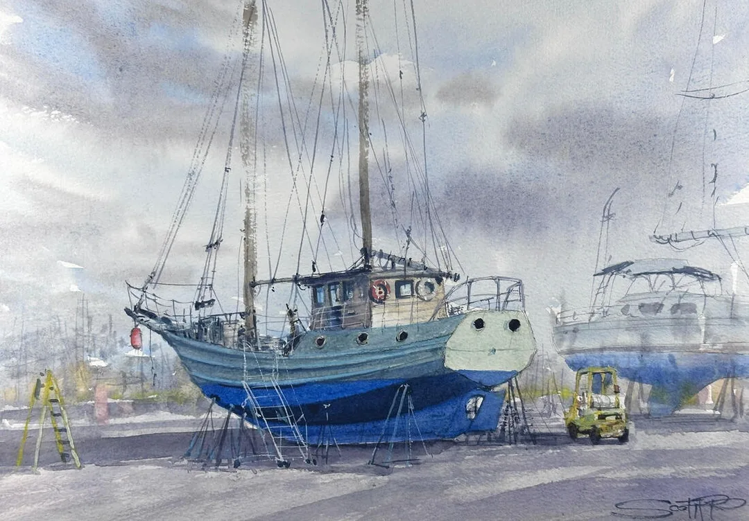 An original watercolour painting by Scott Pleydell-Pearce showing a fishing boat in dry dock undergoing restoration work, a moody soft cloudy sky is behind. A yellow step ladder is to the left and a yellow fork lift truck is to the right. Another faded yacht is suggested to the right. Around the boat are ladders and tripods to support the boat. The hull is blue and the top of the boat is a light green 
