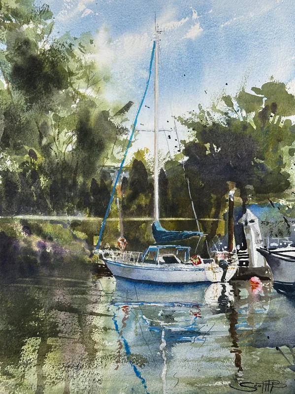 A watercolour painting of a white sailboat in a marina with reflections in the water and green soft focus tres in the background.