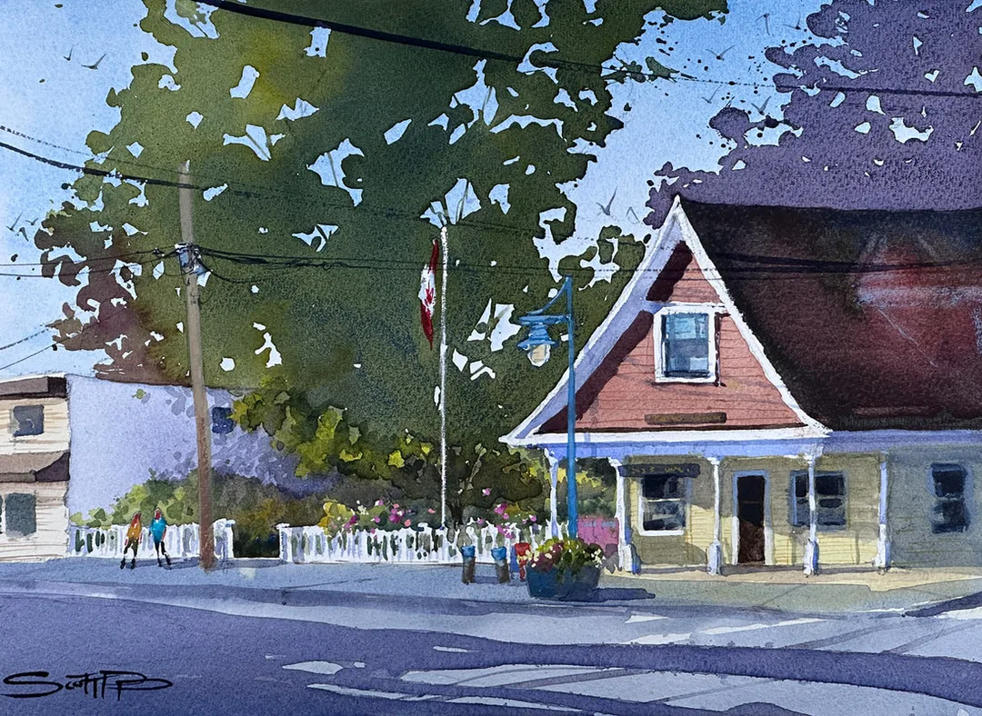 Watercolour painting of the Steveston Museum and Post office heritage building with the park and trees to the left hand side. Long shadows are cast on the road from the late afternoon sun. Two figures are standing outside the white picket fence of the small park. The canadian flag  flutters gently in the light wind.