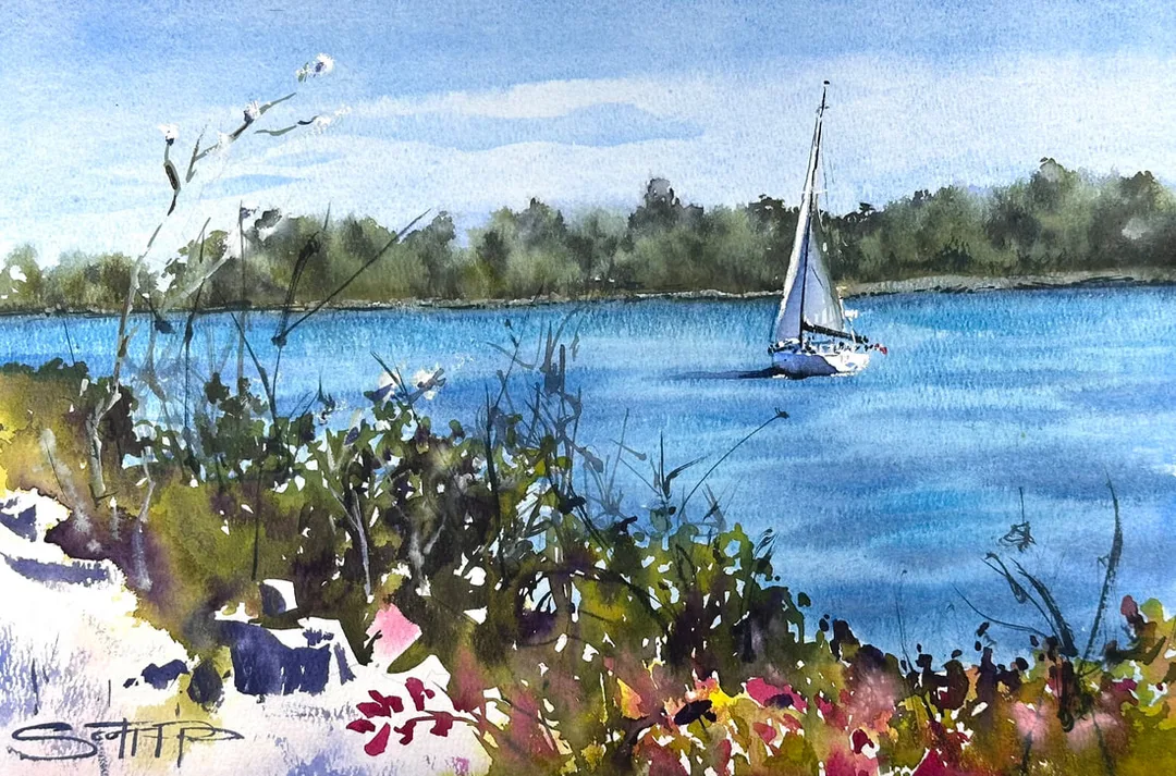 A watercolour painting of a white sailboat on a blue water river with the sun on its back, distant treeline and blue skies, foreground shows green foliage with pinks and yellow wild flowers.