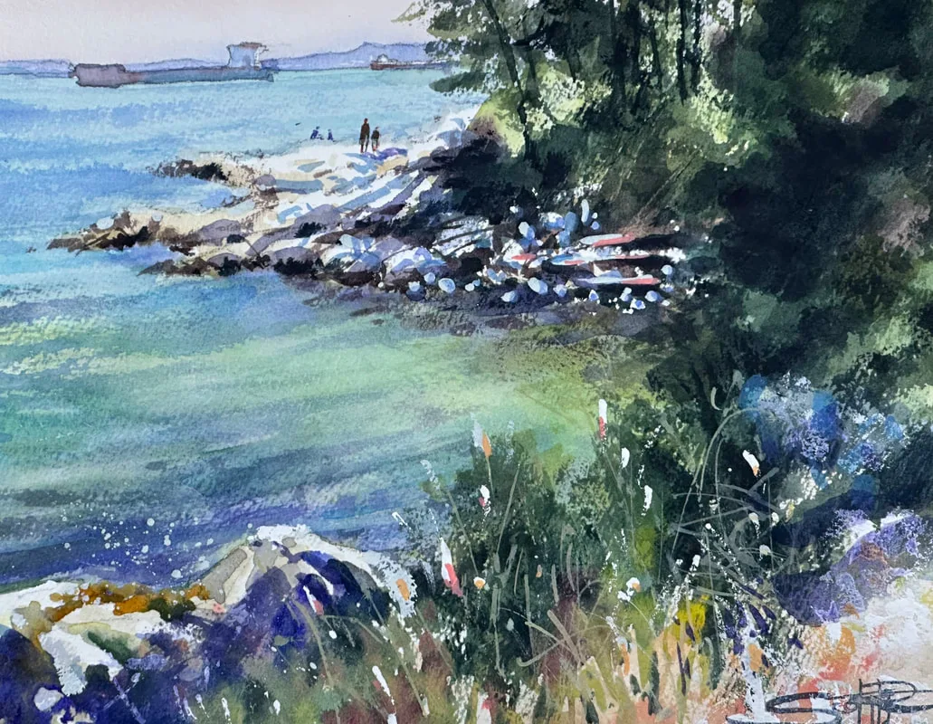 A watercolour painting depicting blue and emerald green water, pink and lavender sun bleached rocks, flowers, plants and pines, distant Kitsilano and the famous red tankers, as well as people siting, hiking and enjoying the view of Vancouver and the ocean.