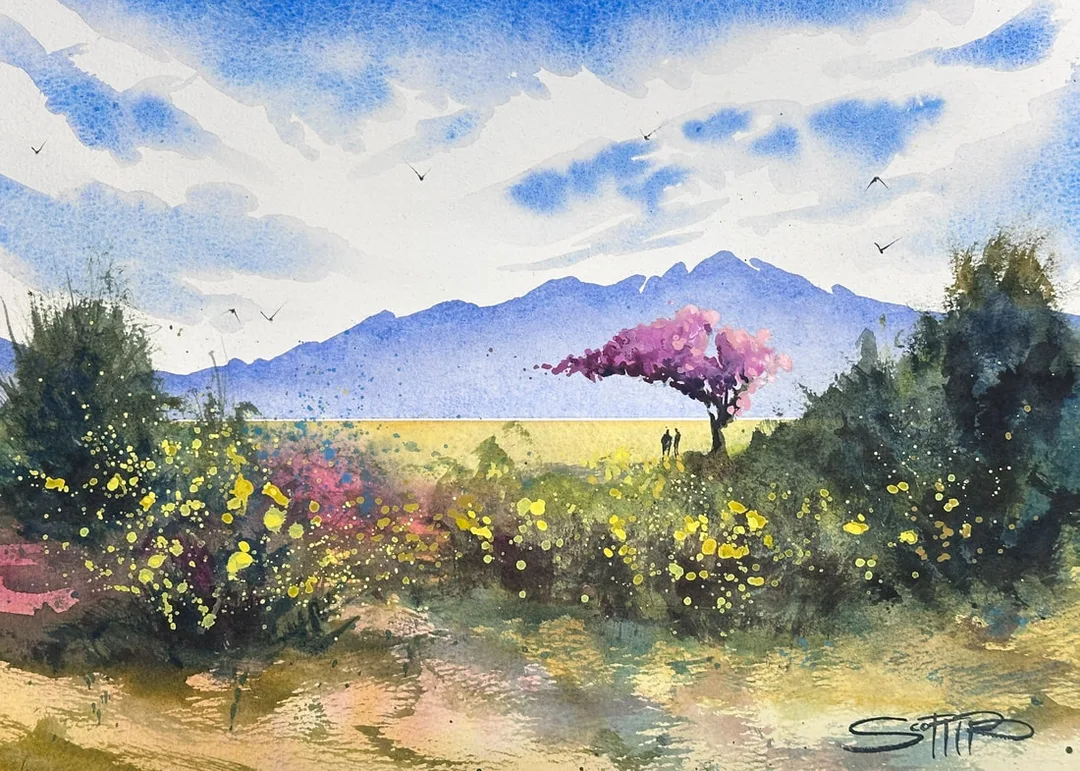A watercolour painting from Garry Point park in Steveston, BC, looking north towards the Vancouver mountains. Blue sky and clouds, blue distant mountains, a lone cherry blossom tree with two figures talking underneath it. In the foreground there dark green bushes with bright yellow flowers.