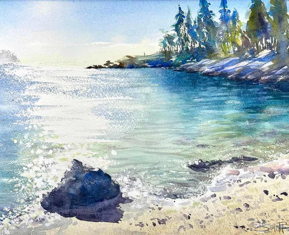 A Watercolour painting of a tranquil beach scene showing golden sand and turquoise shimmering water, a rocky shoreline and distant trees are painted in blues greens and purple tones.