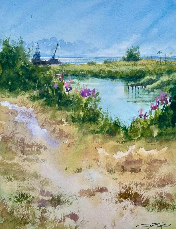 A watercolour painting of a pathway worn into the grass and dust leading to a peekaboo section of calm blue water framed by greenery and pink and purple flowers. fading into the distance are the Vancouver islands and a summery blue sky with wispy clouds.