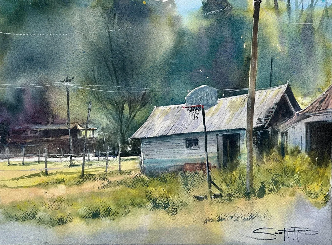 A watercolour painting of a rural barn set against soft cool green trees, a basketball stand sits in the foreground. Shell road stables in Richmond, Vancouver, BC, Canada.