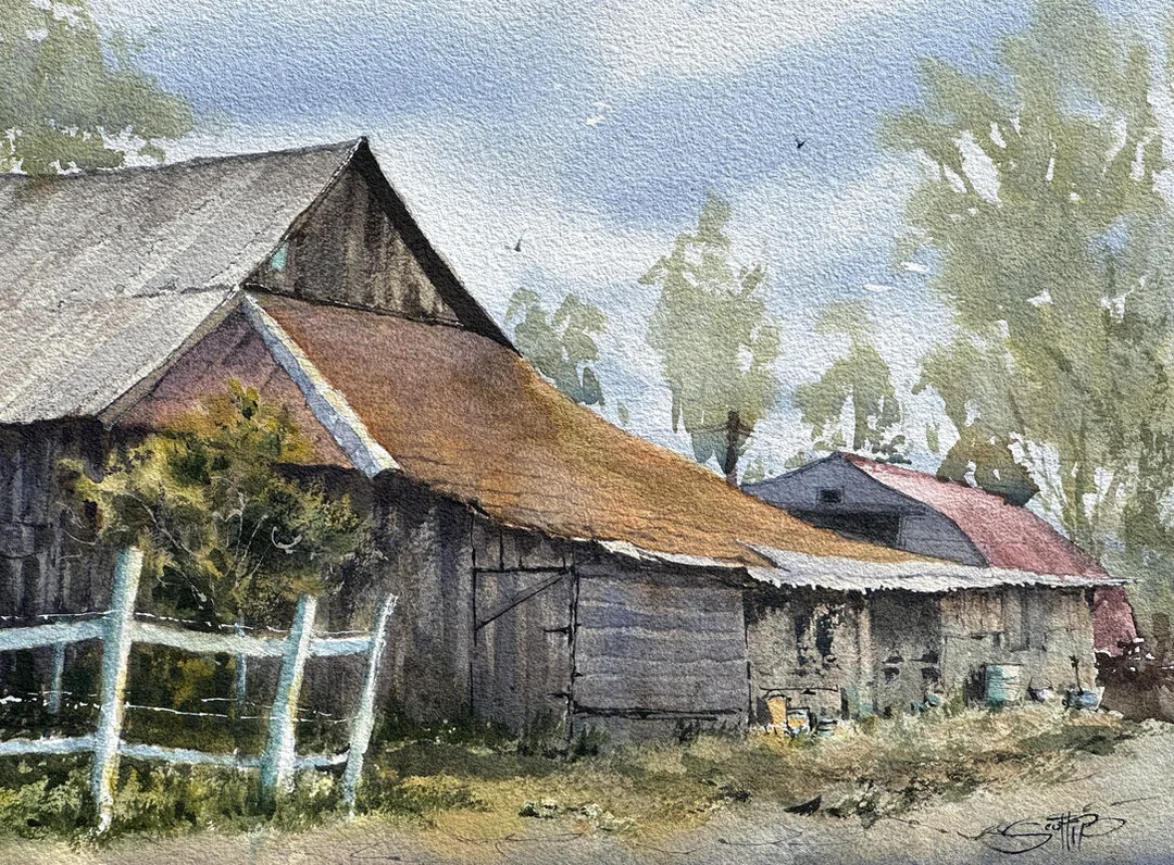 Watercolour painting of a rural barn with a sloping roof, a white fence in the foreground and distant barns and trees in the background.