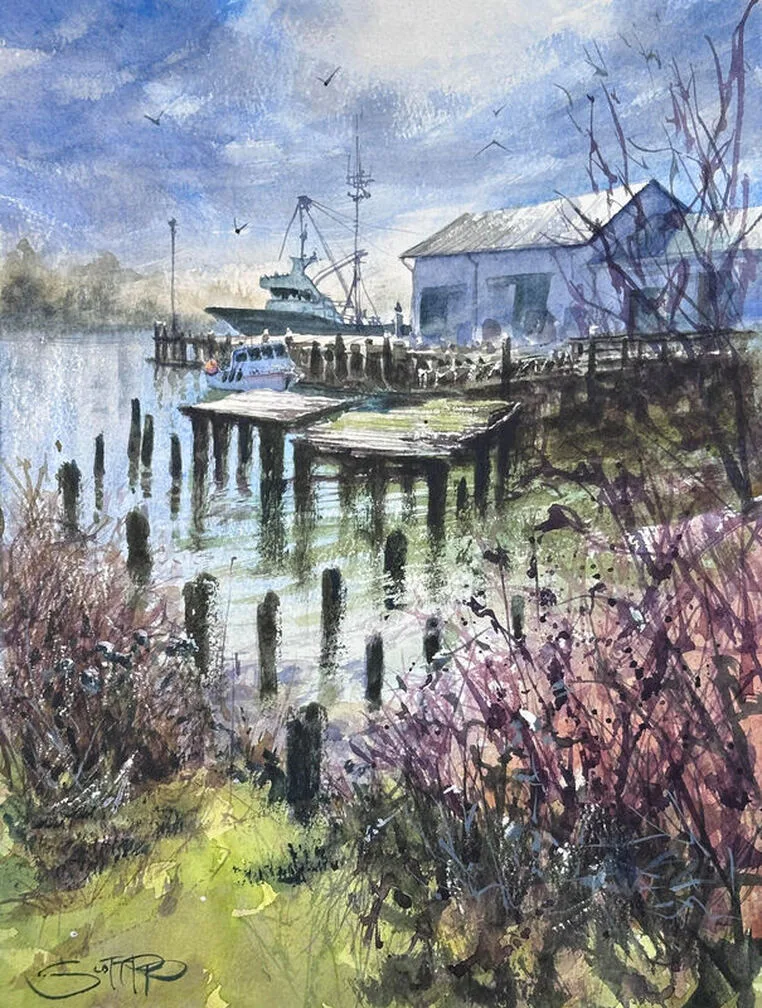 A watercolour painting by local artist Scott Pleydell-Pearce of London's Landing in Steveston, Richmond, BC, Canada. The scene shows 2 boats moored at a wharf, old cannery pilings and platforms are in the middle. Bright sunshine and early blossoming branches and brambles vignette the picture.