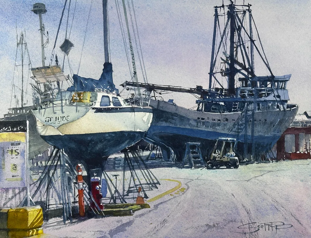 A watercolour painting of a white and blue sailing boat and a grey fishing trawler undergoing repairs in the Paramount Shipyards in Steveston, BC.