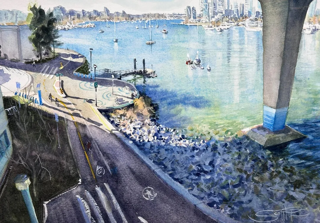 A watercolour painting by artist Scott Pleydell-Pearce of a bright and sunny view of False Creek in Downtown Vancouver, the painting shows a ferry stop named Stamps landing, the vanvouver sea wall  is on the left side with cyclists and pedestrians. Boats are in the water and the skyscrapers and Granville Bridge are in the background. The water is shimmering blue and green. The Cambie bridge casts a strong shadow over the bottom of the painting making a striking contrast to the bright sunlight.