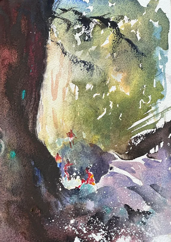 A watercolour painting by local artist Scott Pleydell-Pearce showing a group of four people splashing and playing in the streaming water of Cypress Falls Trail. Bright colours against muted earth tones of the trees and foliage. splashing white water in the foreground.