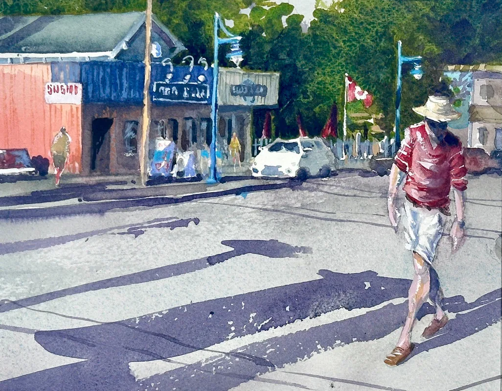A watercolour painting by artist Scott Pleydell-Pearce of a figure strolling along moncton Street in Steveston, BC. He is wearing a sunhat with his head tilted to shade the bright sunlight from his face. In the background we see a colourful street scene.