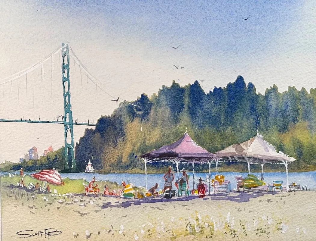 A watercolour painting show a group of people in brightly coloured clothes having a beach barbeque on Ambleside beach with stanley park and Lions gate bridge in the background.