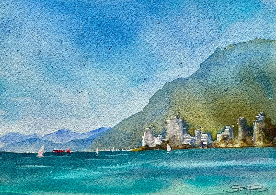 A watercolour painting of West Vancouver painted from Ambleside beach looking west, turquoise water, blue sky, sailing boats, condo buildings and mountains.