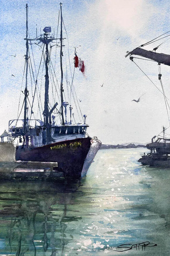 A watercolour painting of a Fishing trawler at dock in Steveston harbour, flying the canadian flag. Seagulls swoop above the glistening water under the glare of the full sun.