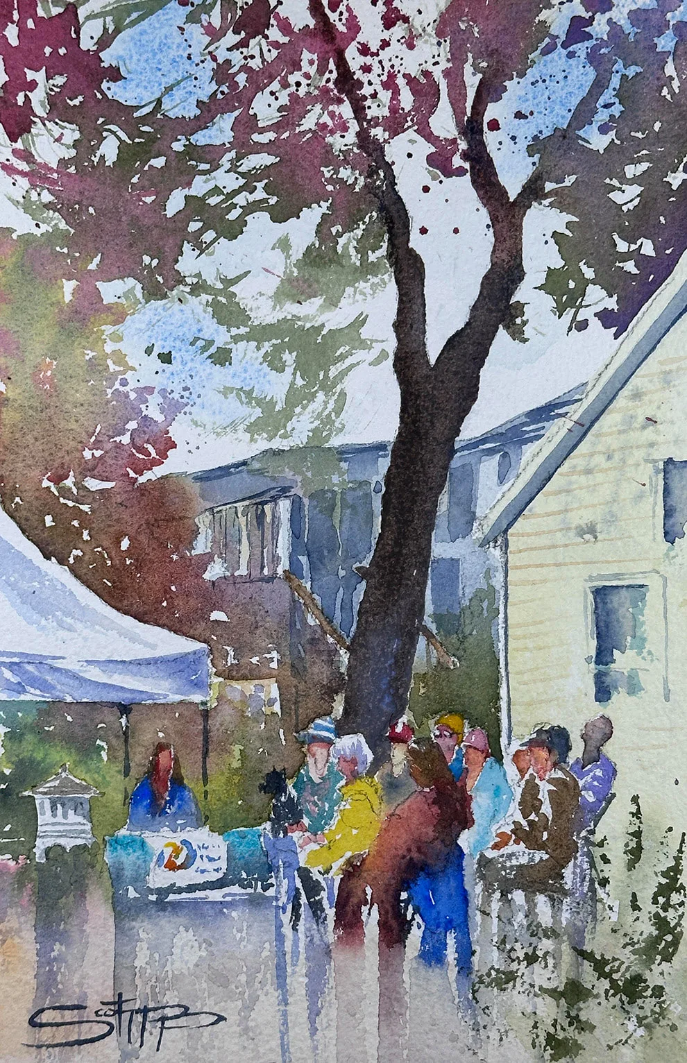 A watercolour painting showing a small crowd of seated people wearing colourful clothes seemingly watching something out of view on the left of the painting, They are in a small park with colourful leaves from a big tree above them.