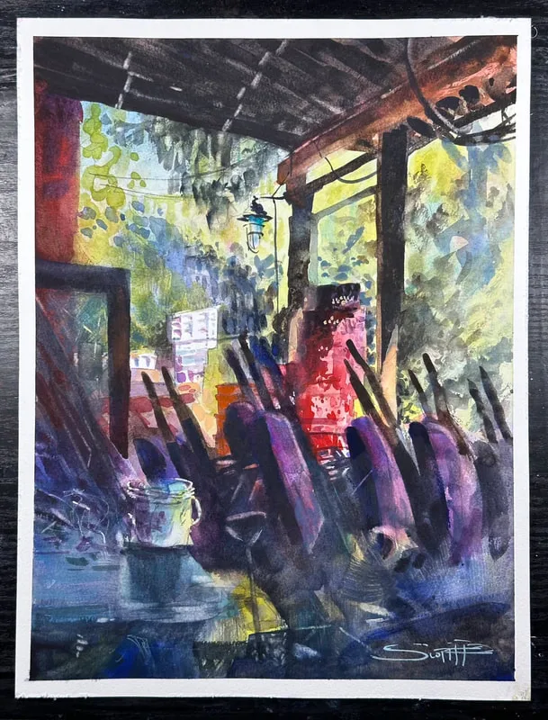  A watercolour painting of colourful wheelbarrows lined up at the back of a barn amongst stacked boxes of red , yellow and white, trees and greenery in the background. The farm is in Terra Nova, Richmond, BC.